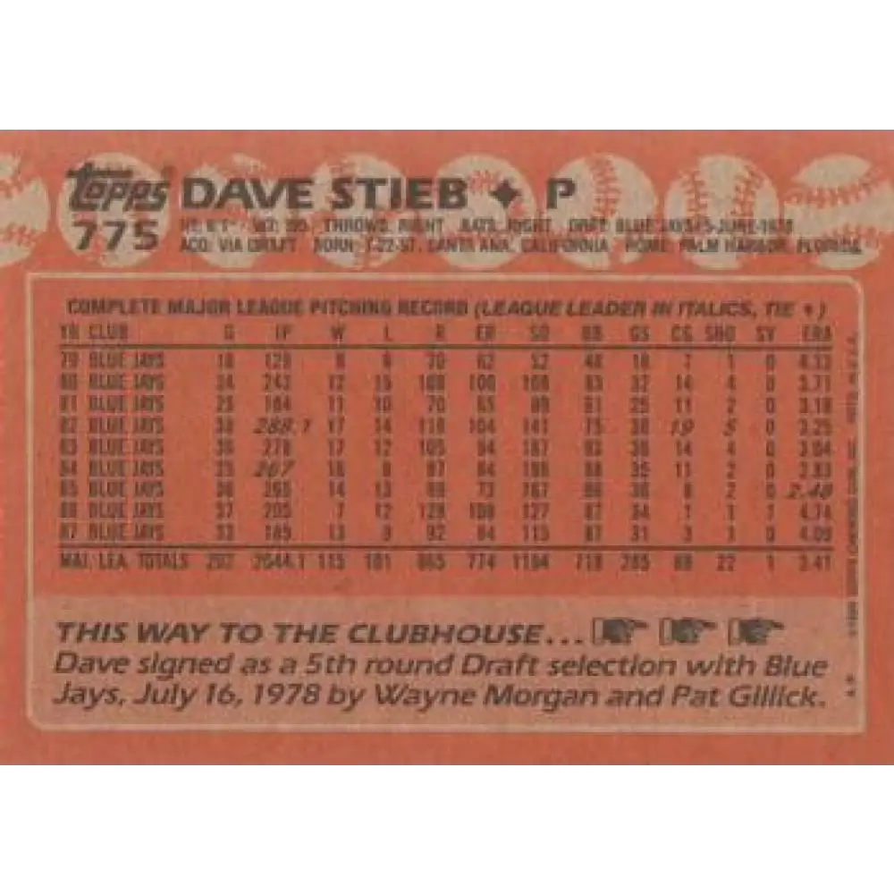 1988 Topps #775 Dave Stieb NM-MT Toronto Blue Jays Baseball Card Image 2