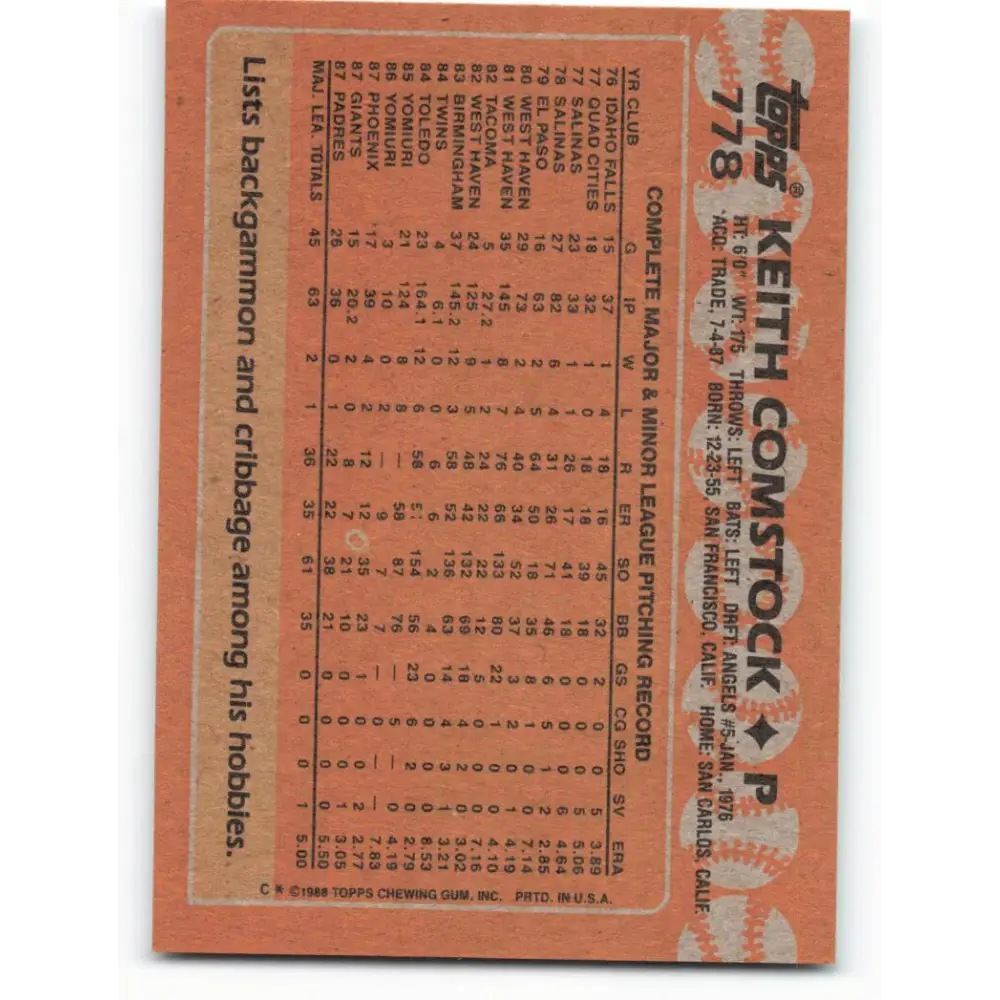 1988 Topps #778 Keith Comstock NM-MT San Diego Padres Baseball Card Image 2