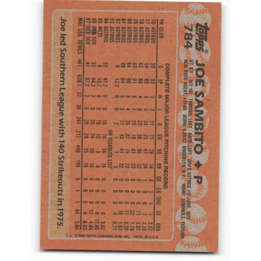 1988 Topps #784 Joe Sambito NM-MT Boston Red Sox Baseball Card Image 2