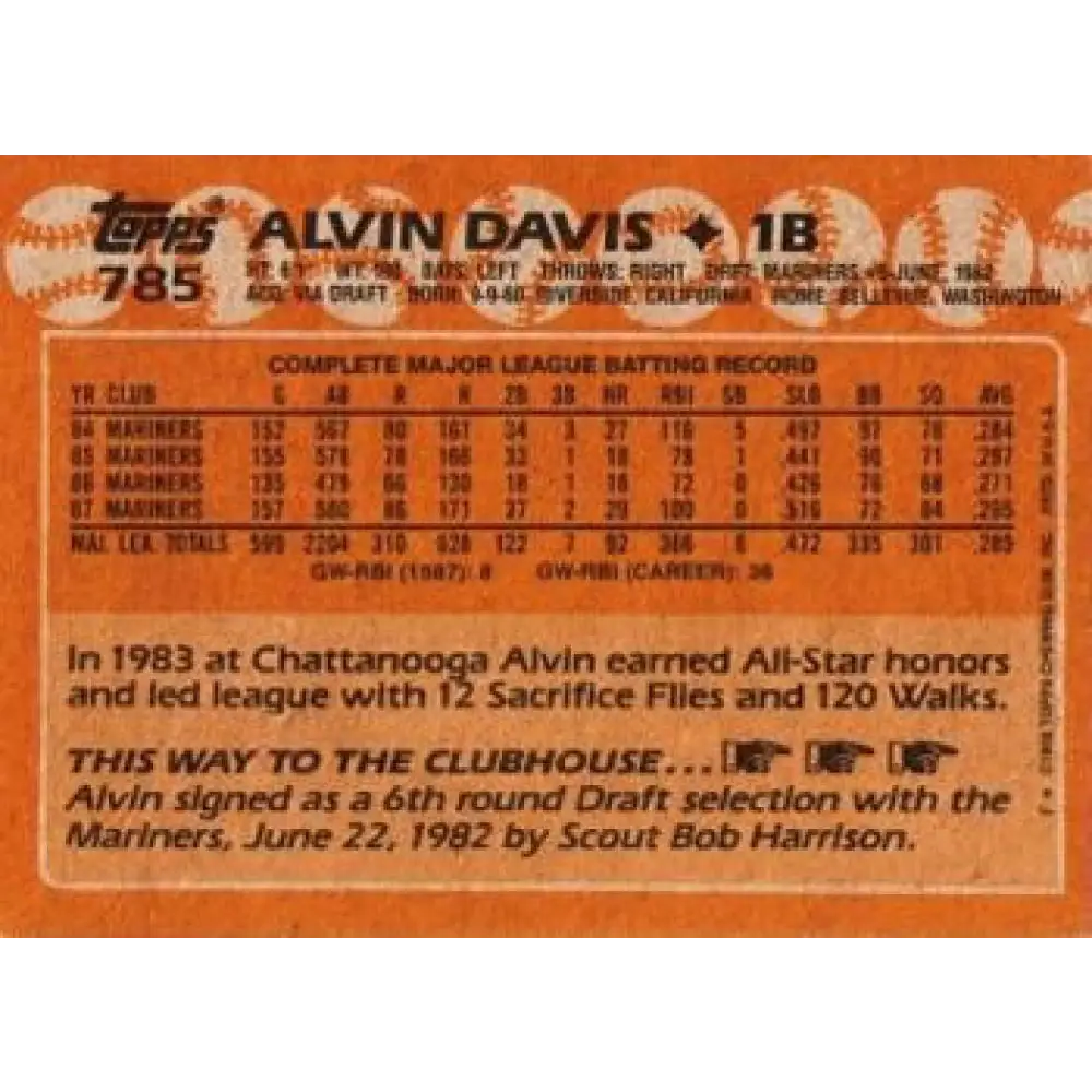 1988 Topps #785 Alvin Davis NM-MT Seattle Mariners Baseball Card Image 2