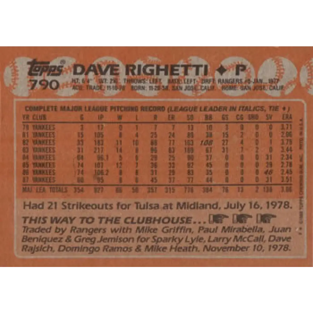 1988 Topps #790 Dave Righetti NM-MT New York Yankees Baseball Card Image 2