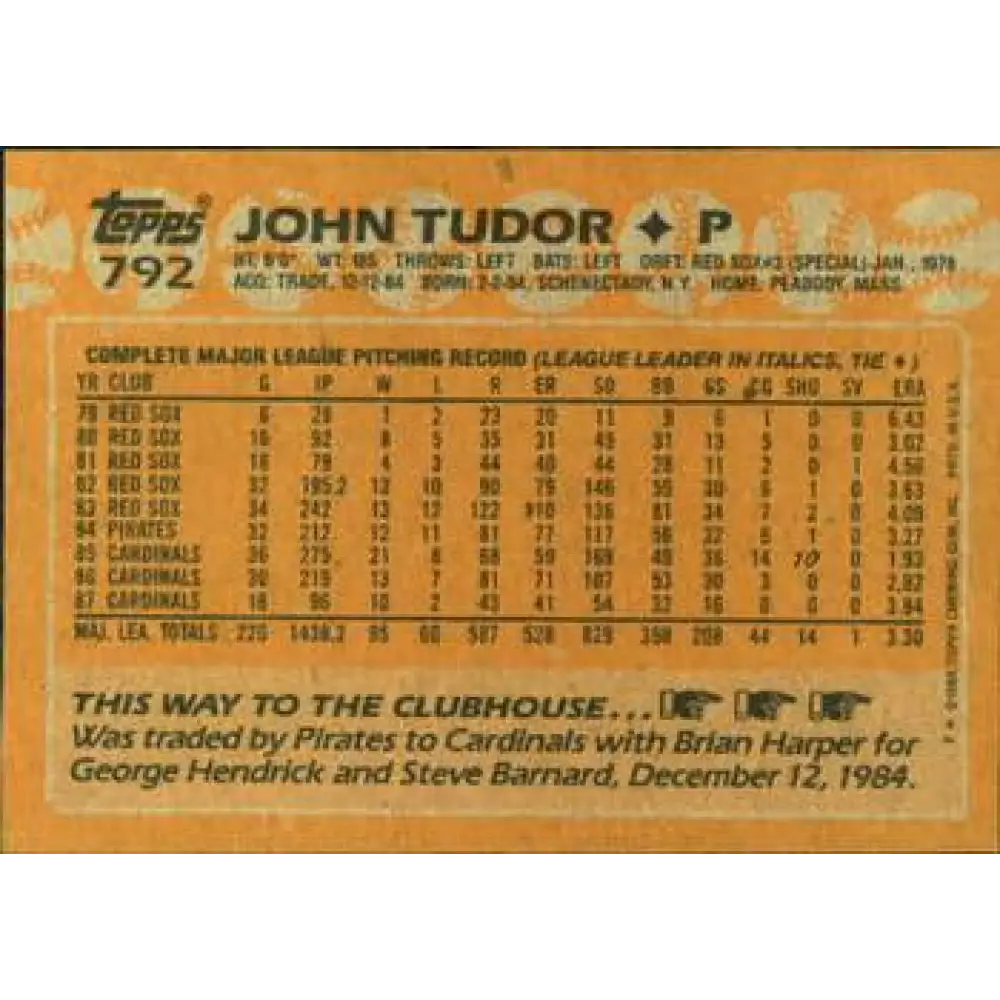1988 Topps #792 John Tudor NM-MT St. Louis Cardinals Baseball Card Image 2