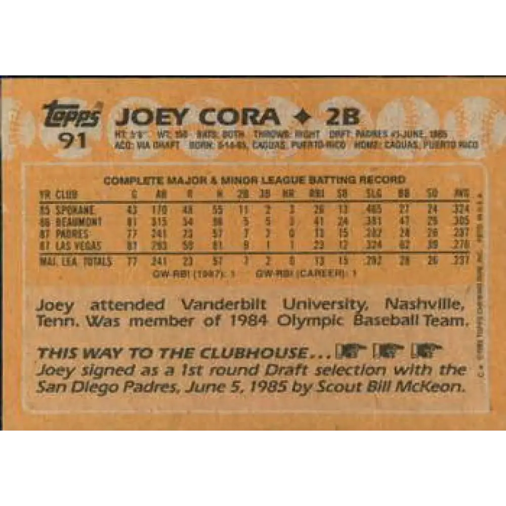 1988 Topps #91 Joey Cora NM-MT RC Rookie San Diego Padres Baseball Card Image 2
