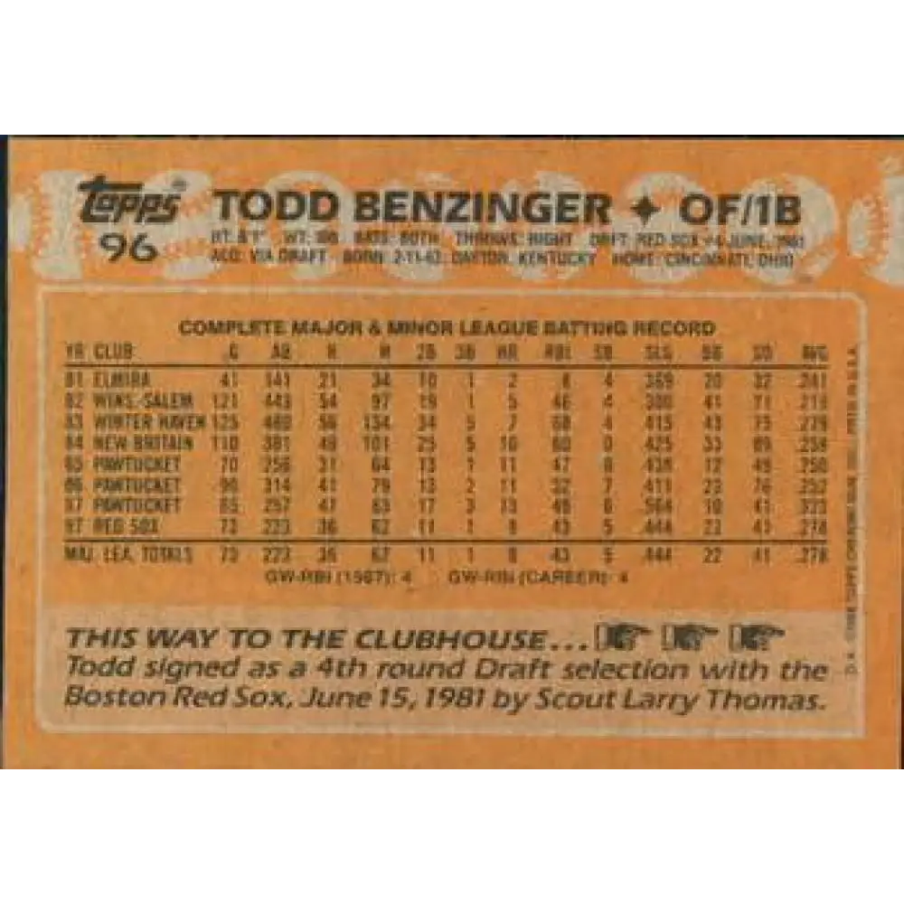 1988 Topps #96 Todd Benzinger NM-MT RC Rookie Boston Red Sox Baseball Card Image 2