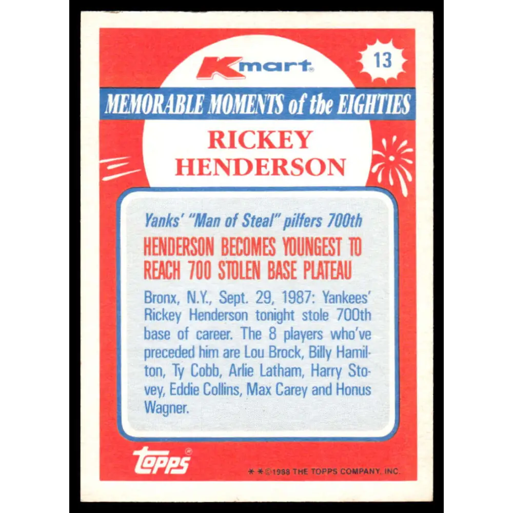 1988 Topps Kmart Memorable Moments #13 Rickey Henderson NM-MT New York Yankees Baseball Card Image 2