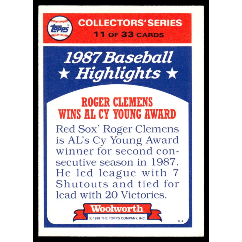 1988 Topps Woolworth Baseball Highlights #11 Roger Clemens EX/NM Boston Red Sox Baseball Card Image 2