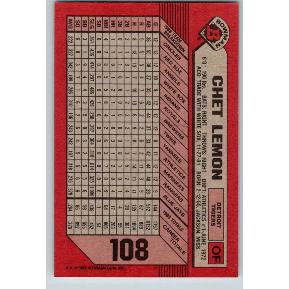 1989 Bowman #108 Chet Lemon NM-MT Detroit Tigers Baseball Card Image 2