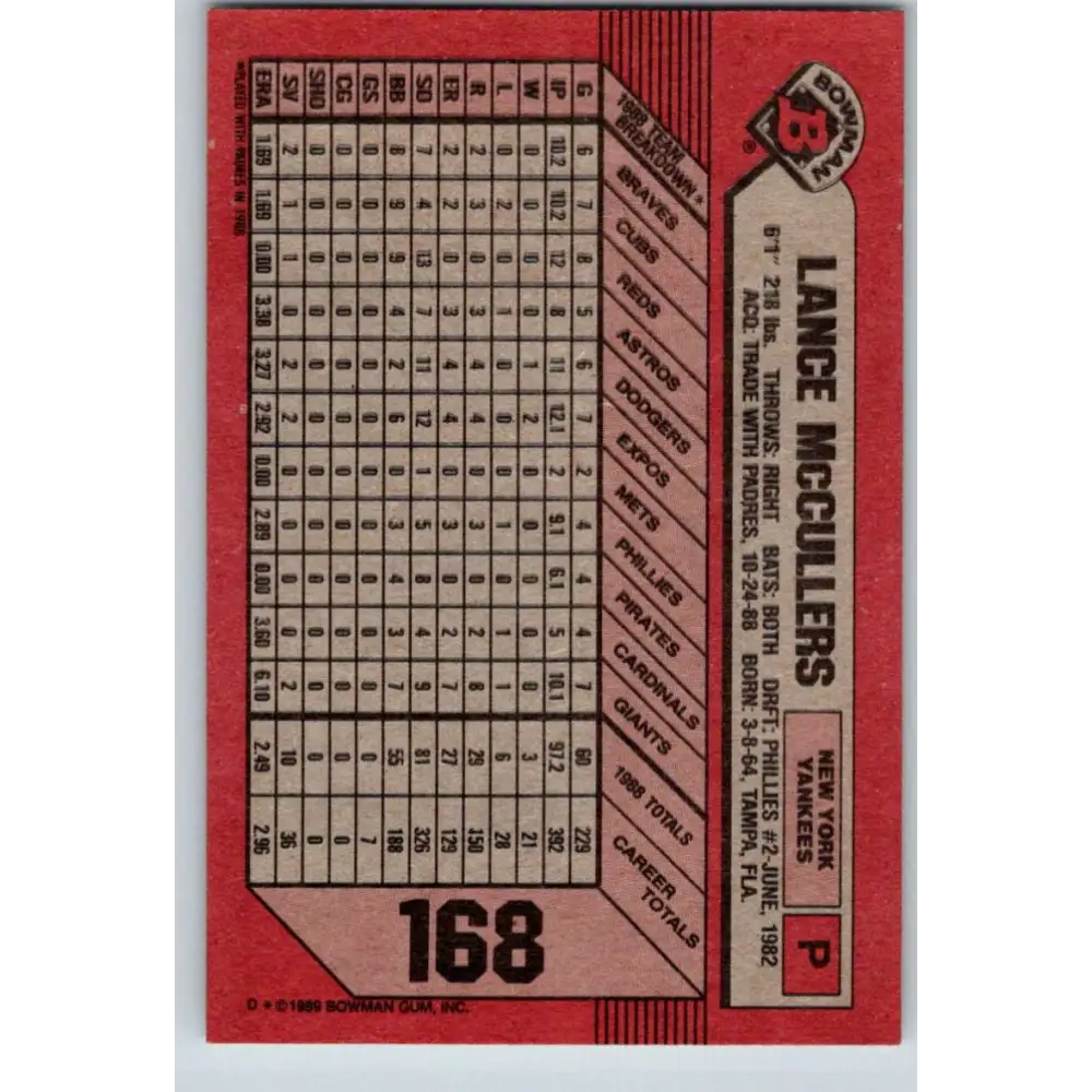 1989 Bowman #168 Lance McCullers NM-MT New York Yankees Baseball Card Image 2