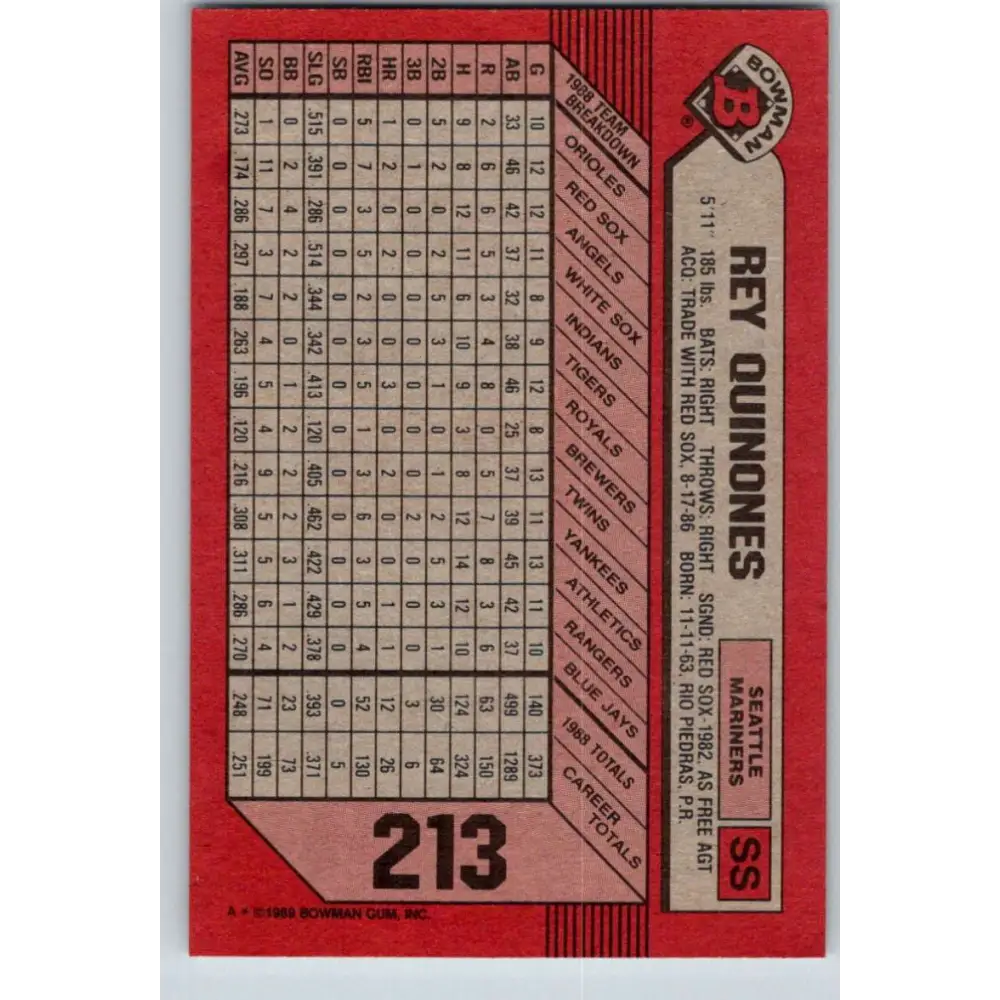 1989 Bowman #213 Rey Quinones NM-MT Seattle Mariners Baseball Card Image 2
