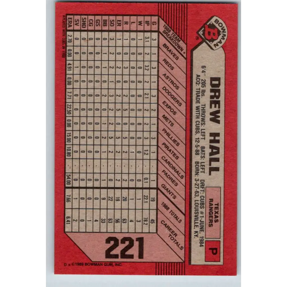 1989 Bowman #221 Drew Hall NM-MT Texas Rangers Baseball Card Image 2