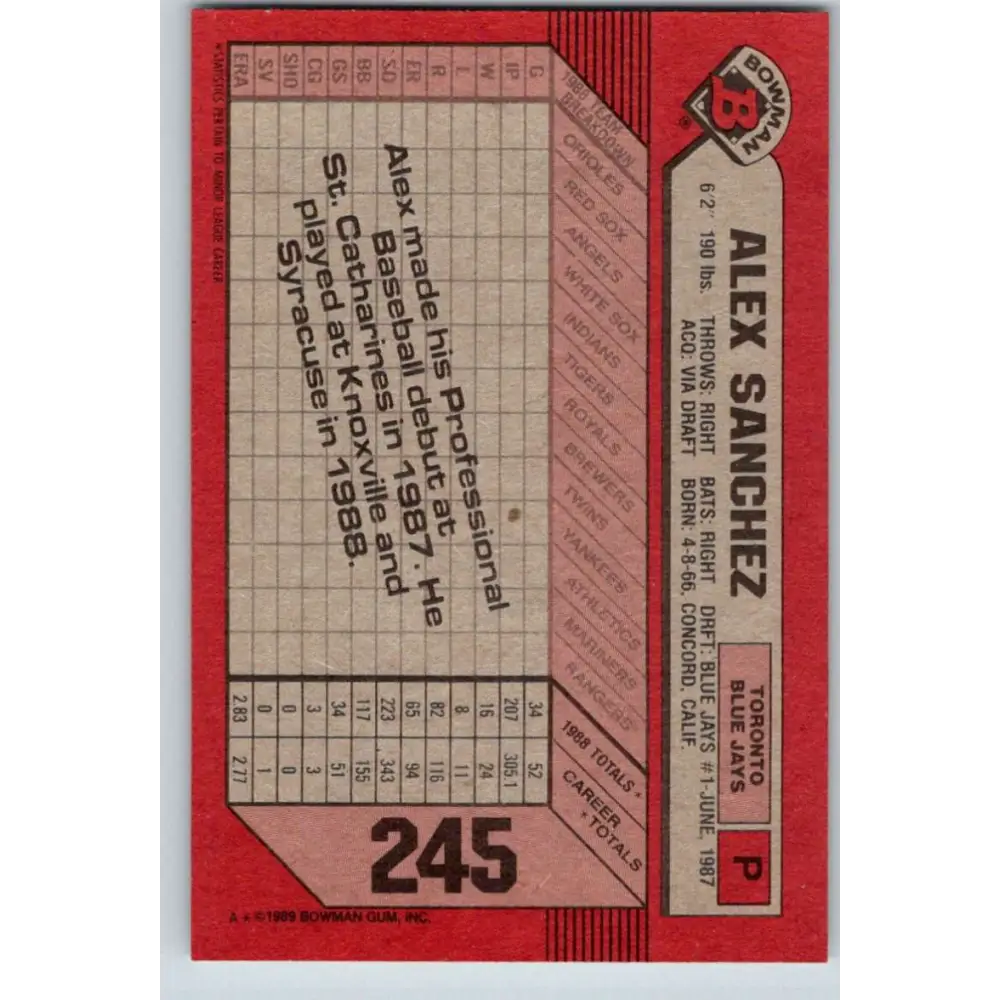 1989 Bowman #245 Alex Sanchez NM-MT RC Rookie Toronto Blue Jays Baseball Card Image 2