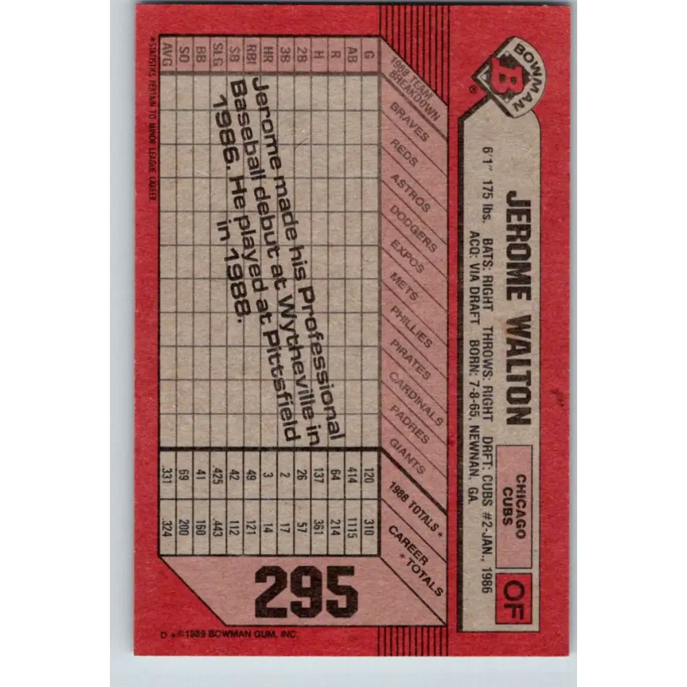 1989 Bowman #295 Jerome Walton NM-MT RC Rookie Chicago Cubs Baseball Card Image 2