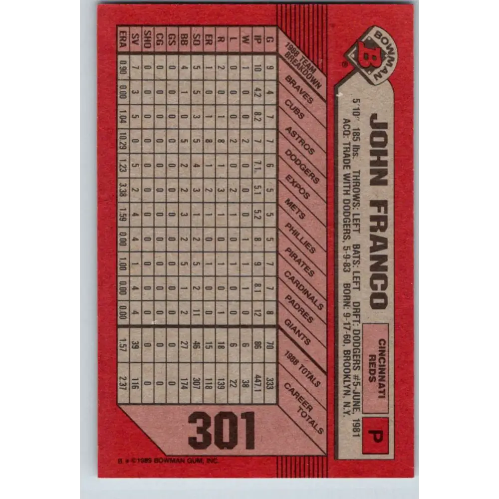 1989 Bowman #301 John Franco NM-MT Cincinnati Reds Baseball Card Image 2