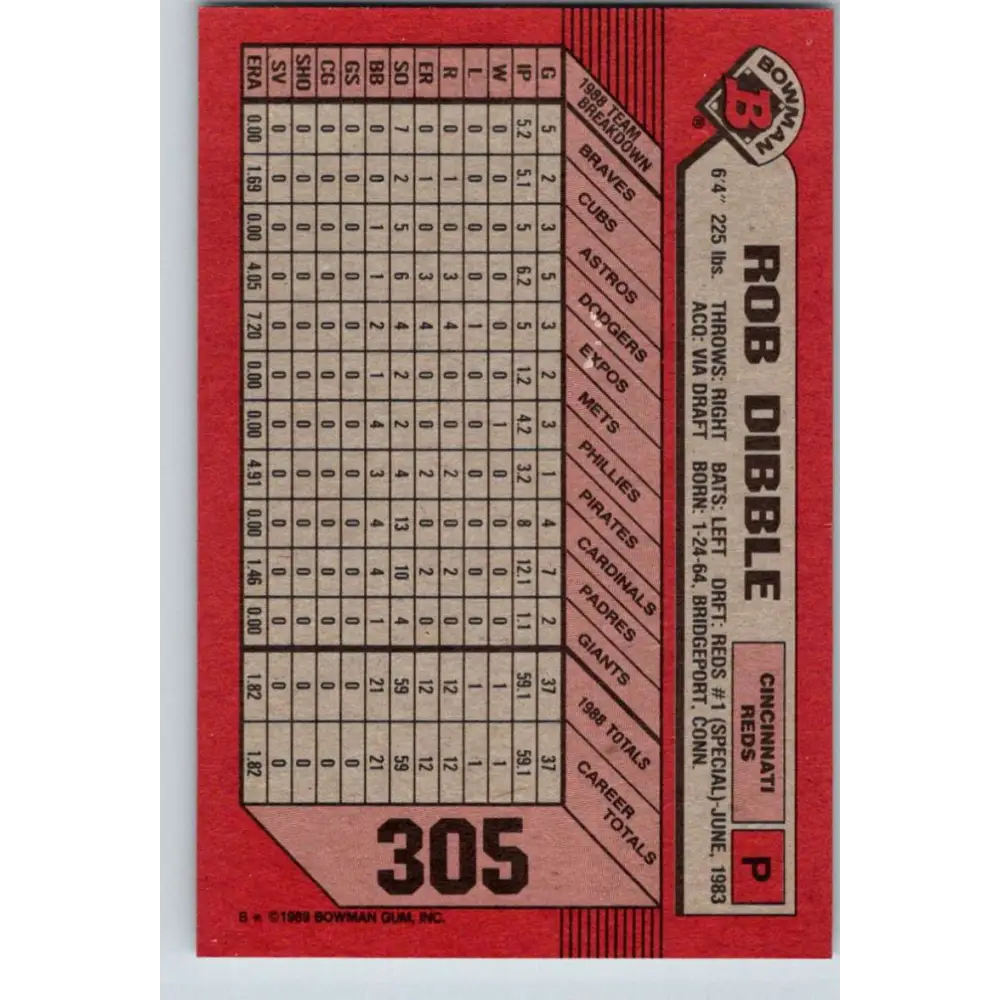 1989 Bowman #305 Rob Dibble NM-MT RC Rookie Cincinnati Reds Baseball Card Image 2