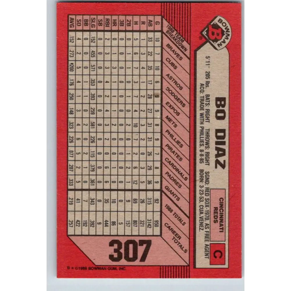1989 Bowman #307 Bo Diaz NM-MT Cincinnati Reds Baseball Card Image 2