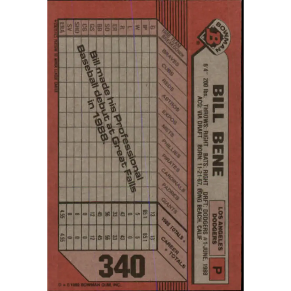 1989 Bowman #340 Bill Bene NM-MT RC Rookie Los Angeles Dodgers Baseball Card Image 2