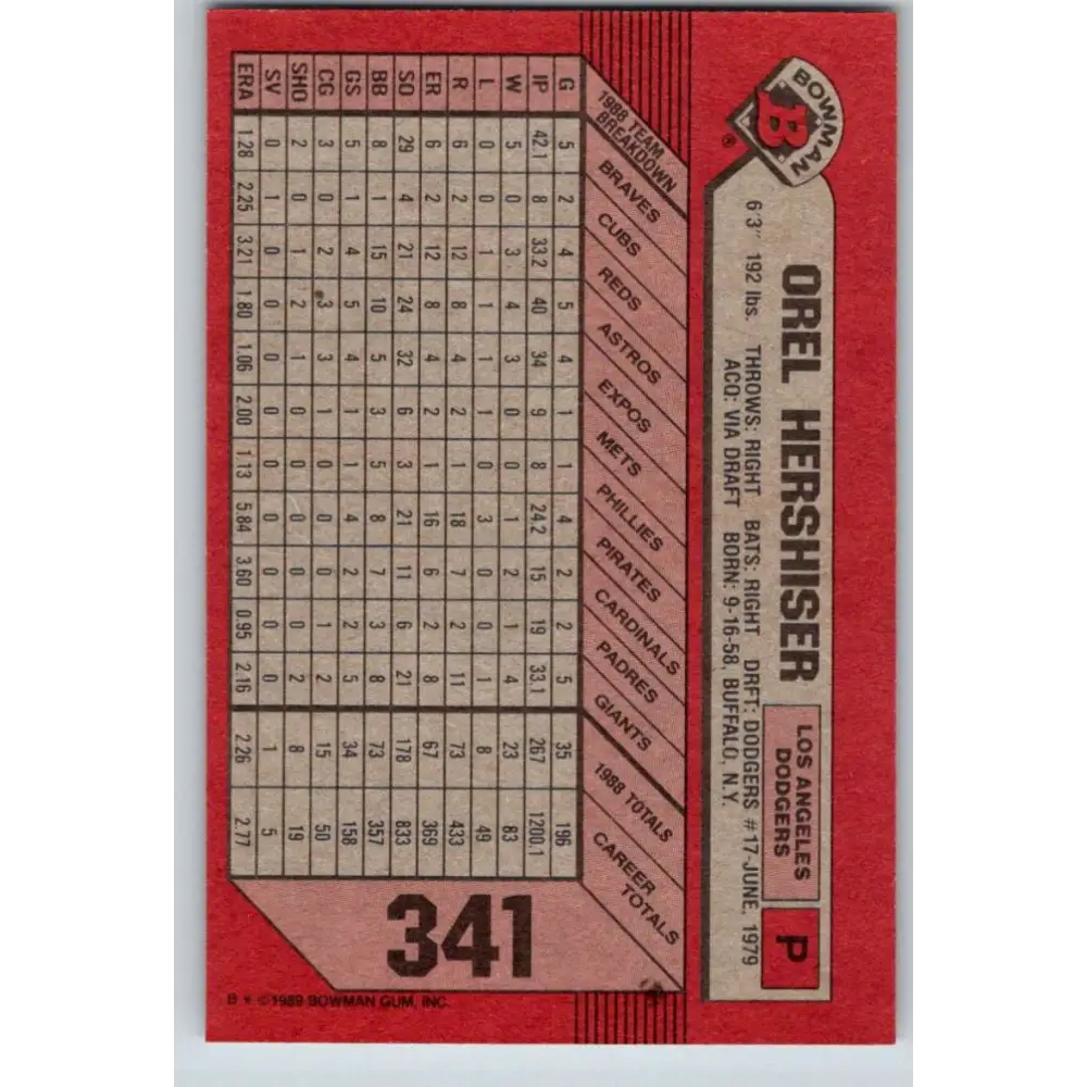 1989 Bowman #341 Orel Hershiser NM-MT Los Angeles Dodgers Baseball Card Image 2