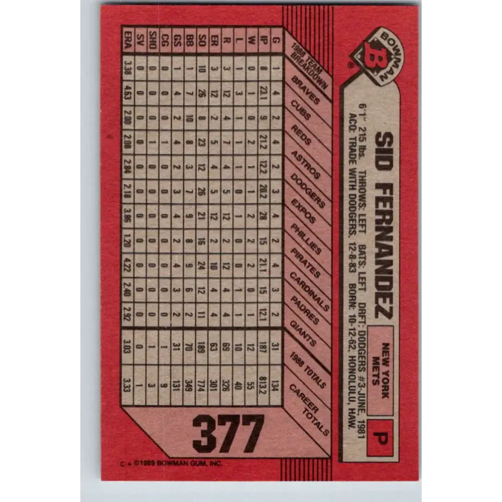 1989 Bowman #377 Sid Fernandez NM-MT New York Mets Baseball Card Image 2