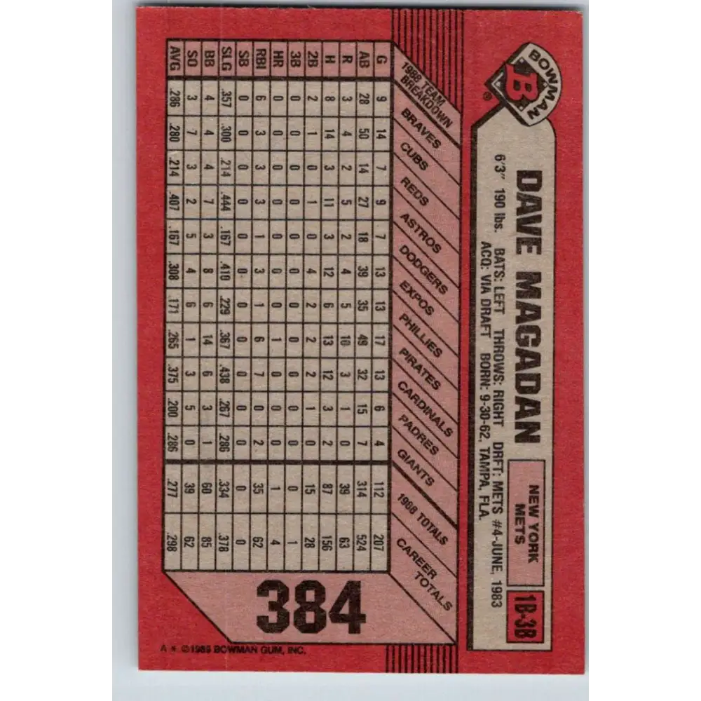1989 Bowman #384 Dave Magadan NM-MT New York Mets Baseball Card Image 2