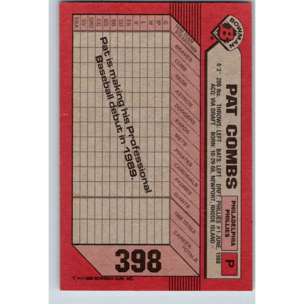 1989 Bowman #398 Pat Combs NM-MT RC Rookie Philadelphia Phillies Baseball Card Image 2
