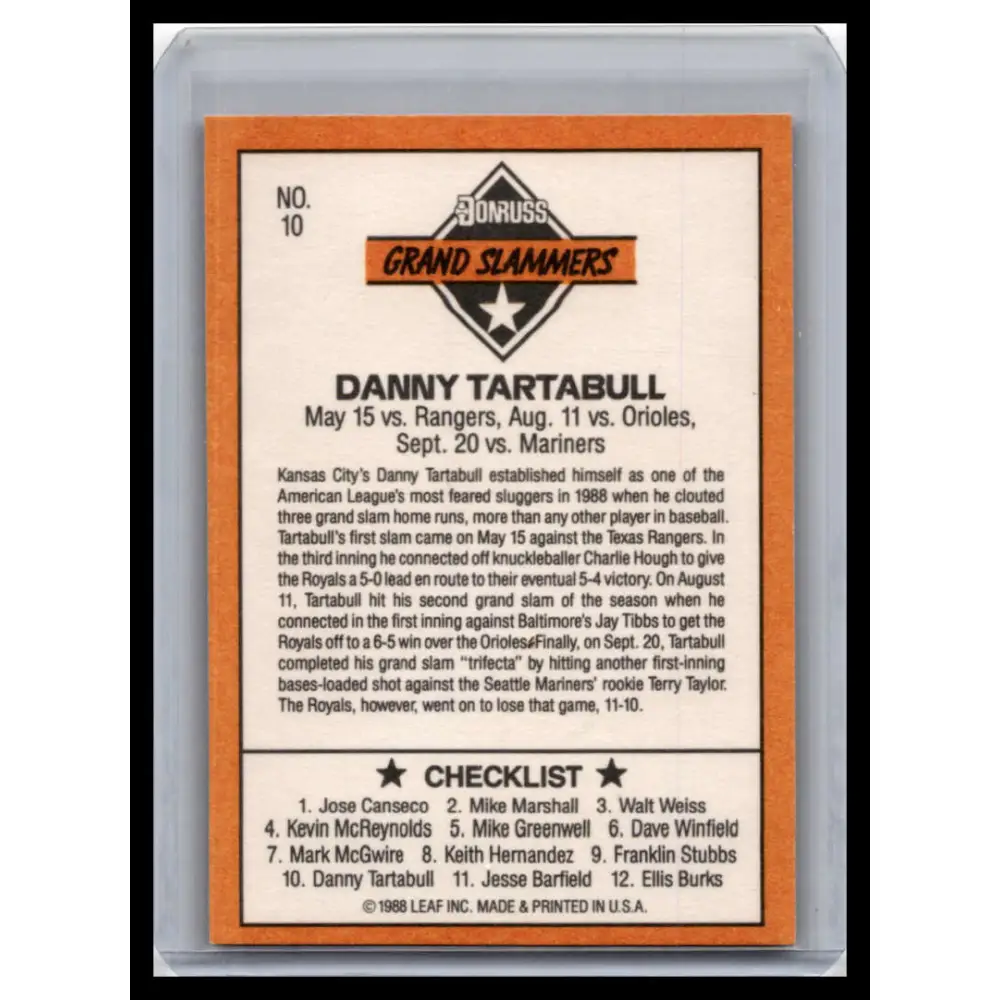 1989 Donruss #10 Danny Tartabull NM-MT Kansas City Royals Baseball Card Image 2
