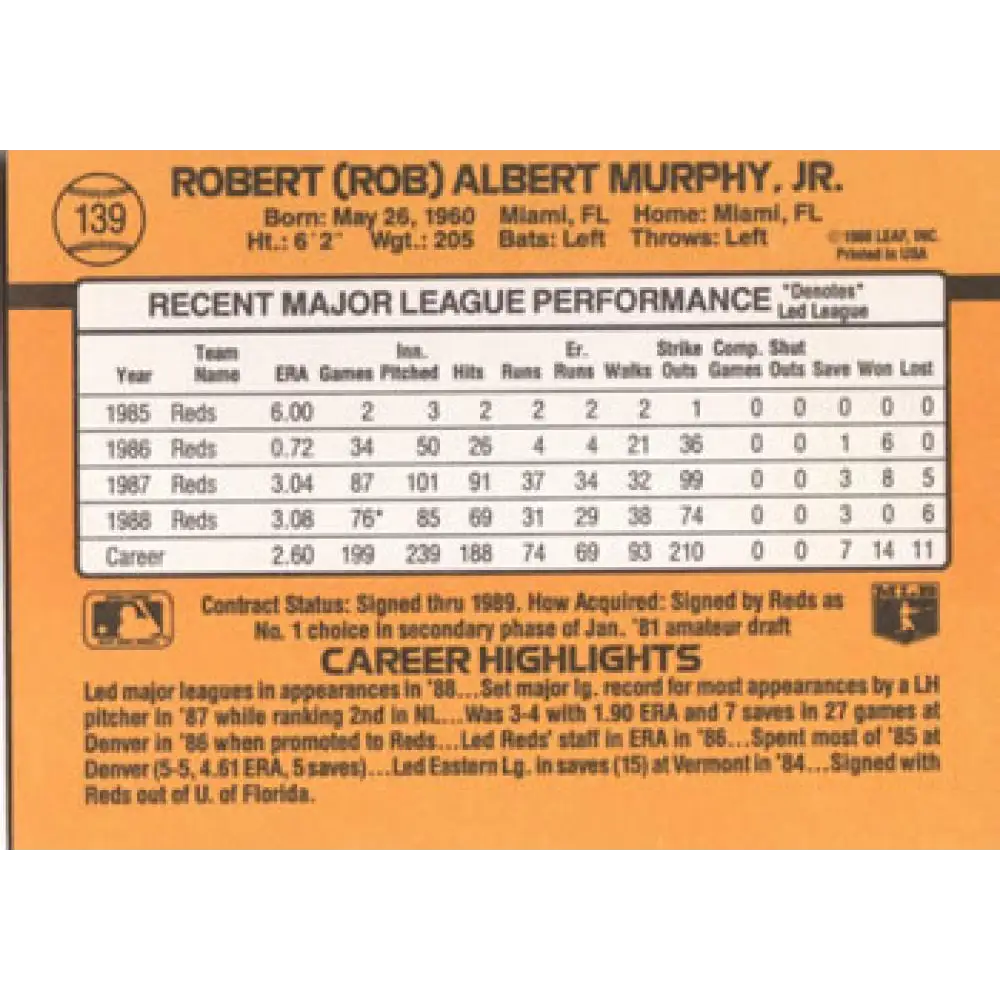 1989 Donruss #139 Rob Murphy NM-MT Cincinnati Reds Baseball Card Image 2