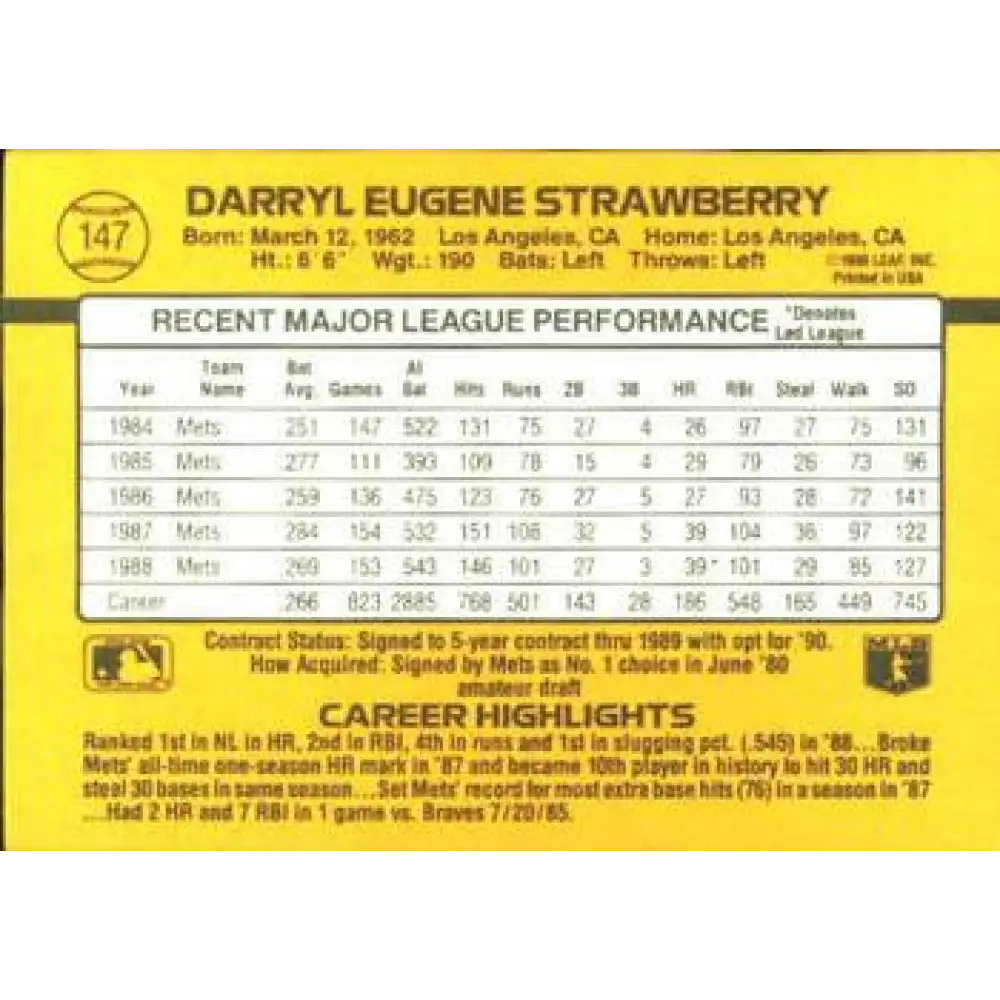 1989 Donruss #147 Darryl Strawberry NM-MT New York Mets Baseball Card Image 2