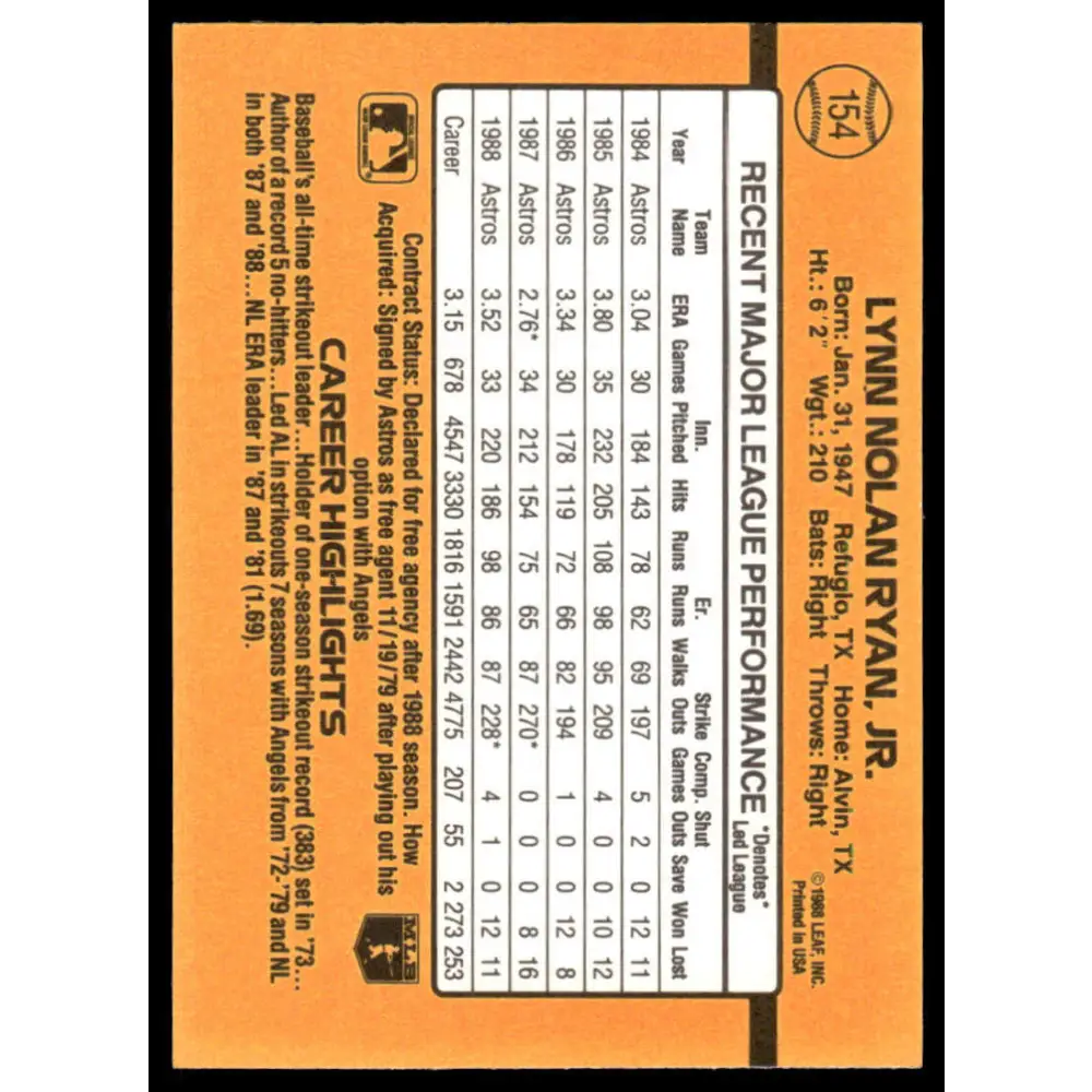 1989 Donruss #154 Nolan Ryan EX/NM Houston Astros Baseball Card Image 2
