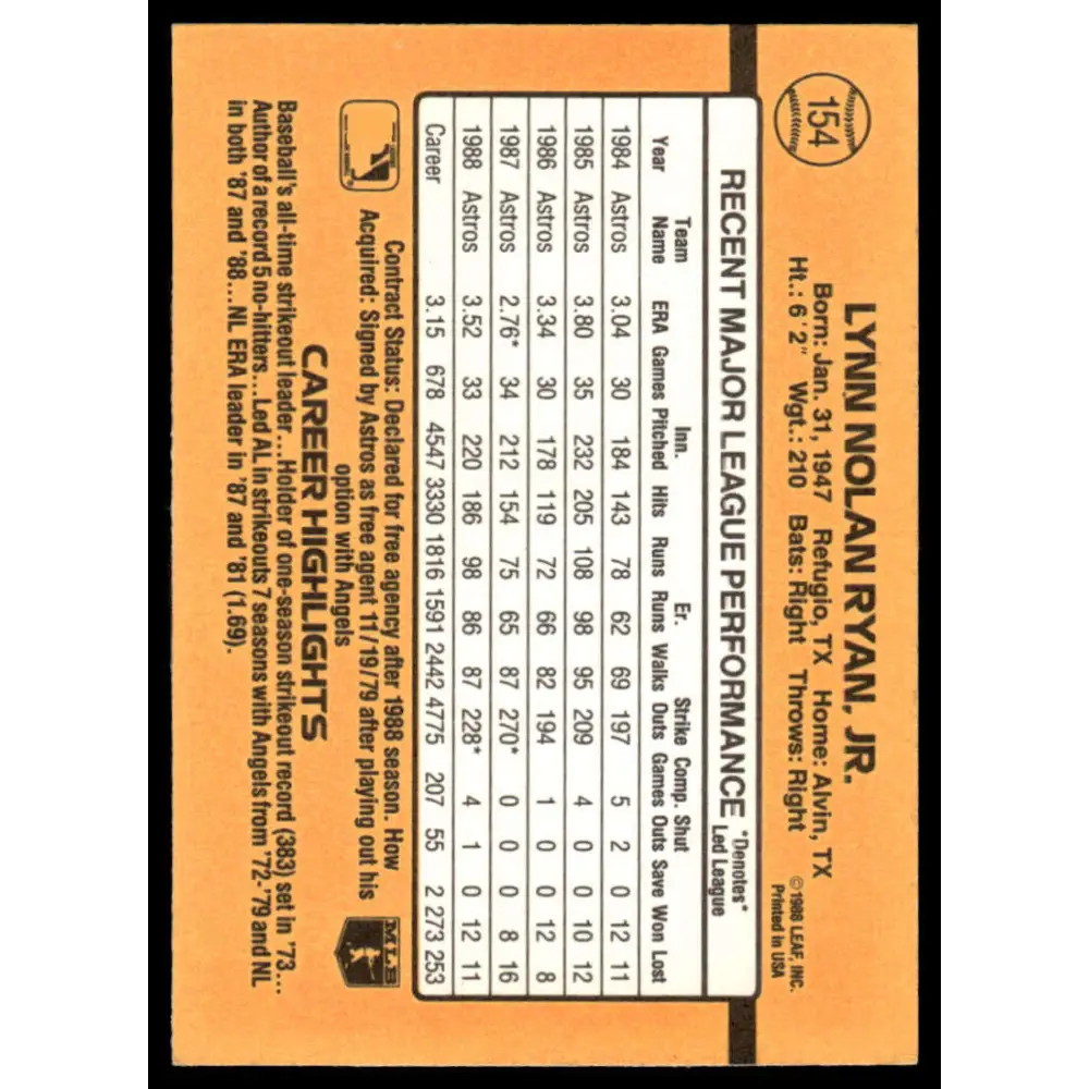 1989 Donruss #154 Nolan Ryan EX/NM Houston Astros Baseball Card Image 2