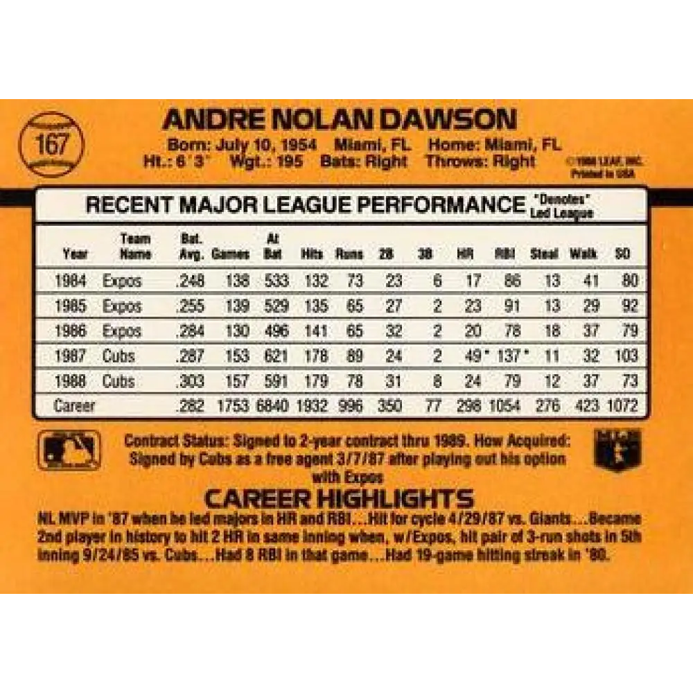1989 Donruss #167 Andre Dawson NM-MT Chicago Cubs Baseball Card Image 2