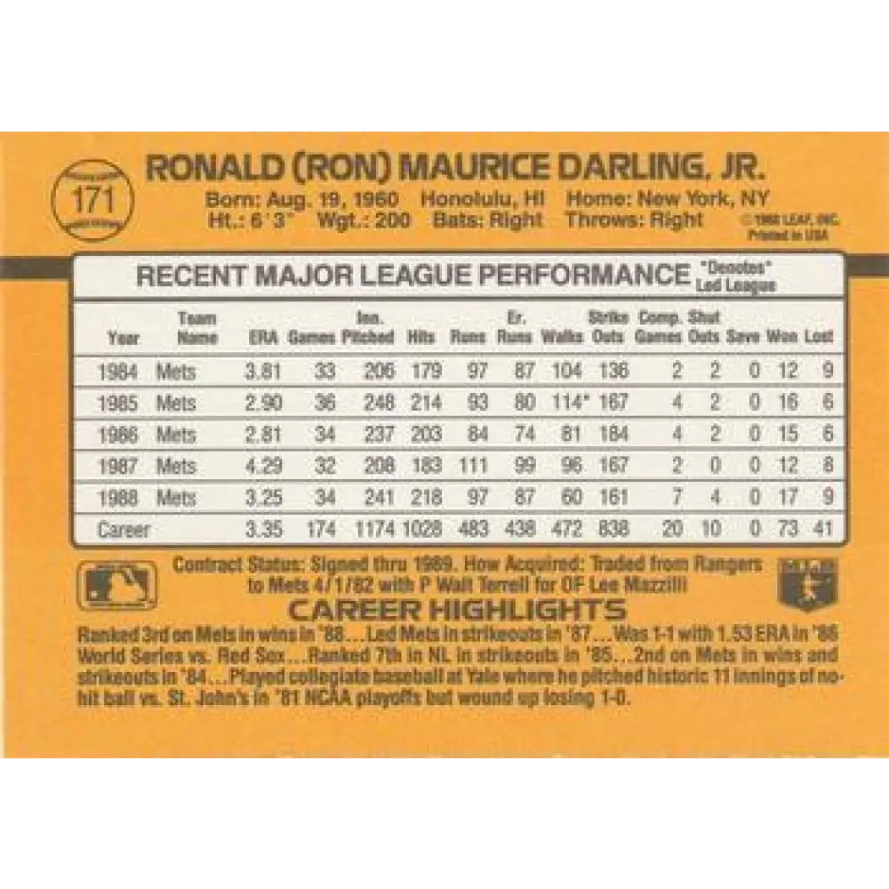 1989 Donruss #171 Ron Darling NM-MT New York Mets Baseball Card Image 2
