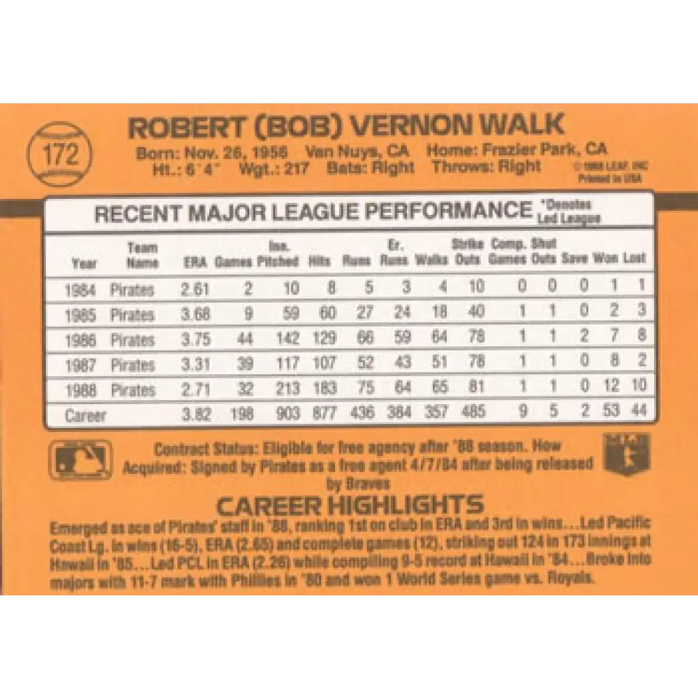 1989 Donruss #172 Bob Walk NM-MT Pittsburgh Pirates Baseball Card Image 2