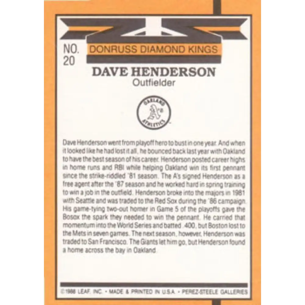 1989 Donruss #20 Dave Henderson DK NM-MT Oakland Athletics Baseball Card Image 2
