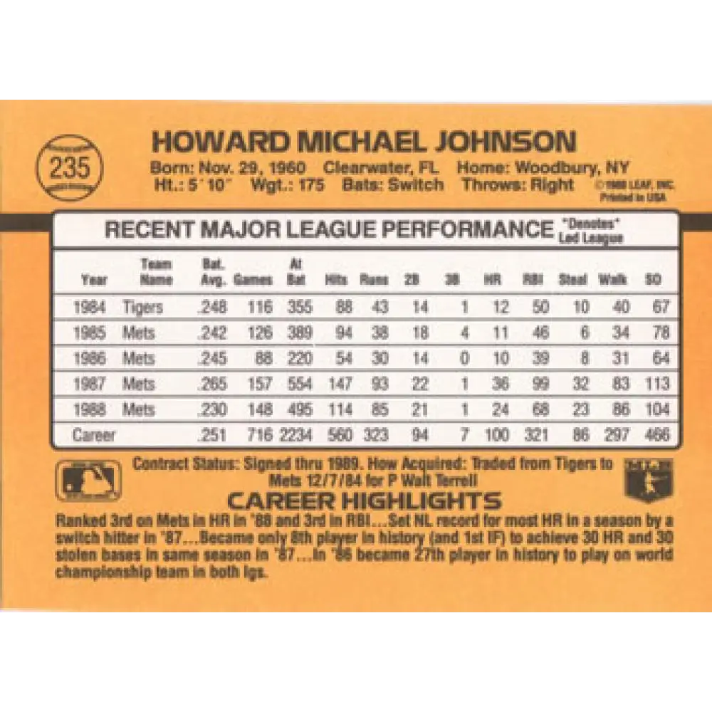 1989 Donruss #235 Howard Johnson NM-MT New York Mets Baseball Card Image 2