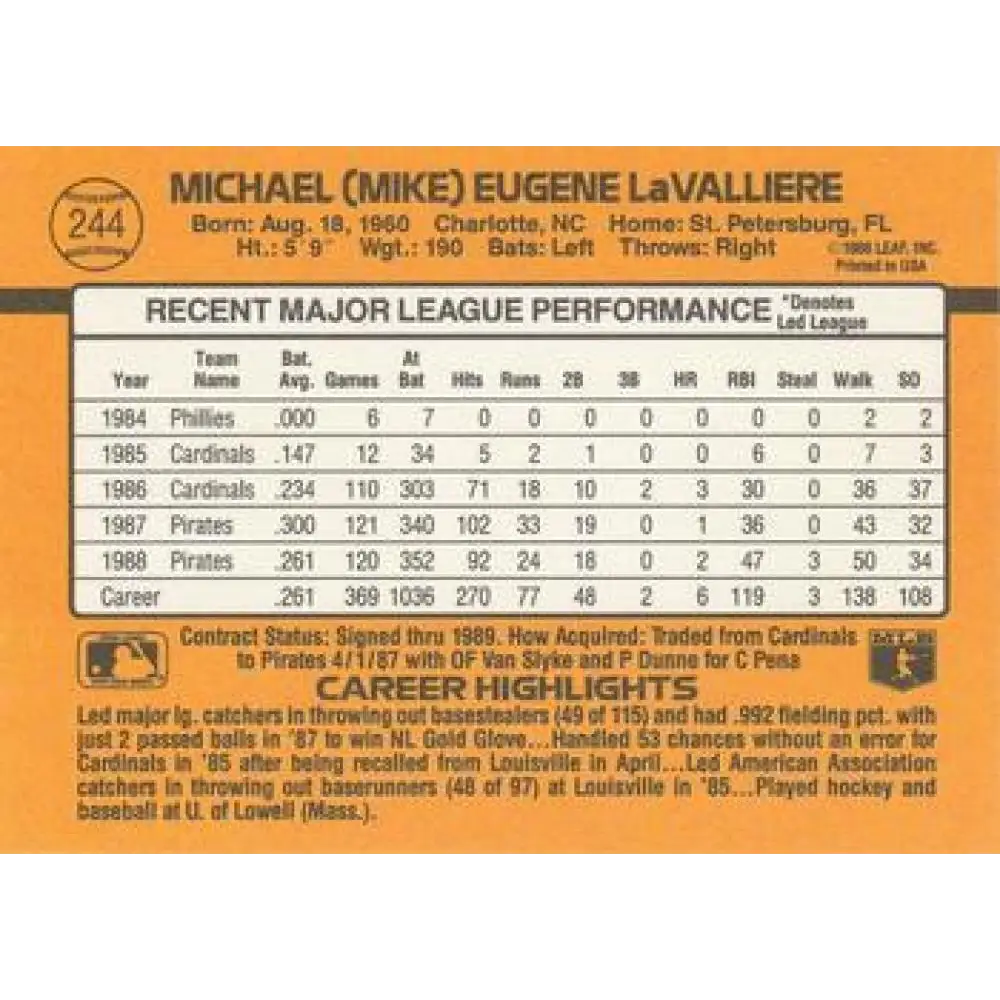 1989 Donruss #244 Mike LaValliere NM-MT Pittsburgh Pirates Baseball Card Image 2