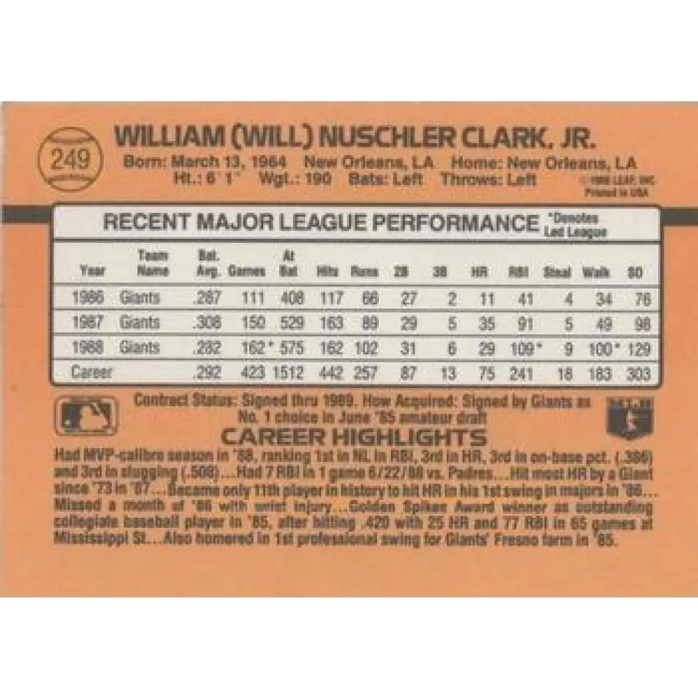 1989 Donruss #249 Will Clark NM-MT San Francisco Giants Baseball Card Image 2