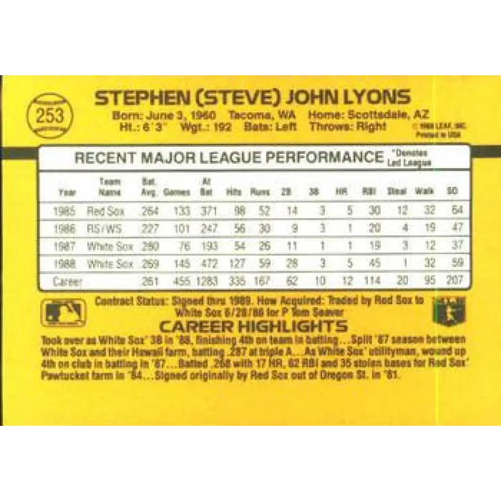 1989 Donruss #253 Steve Lyons NM-MT Chicago White Sox Baseball Card Image 2