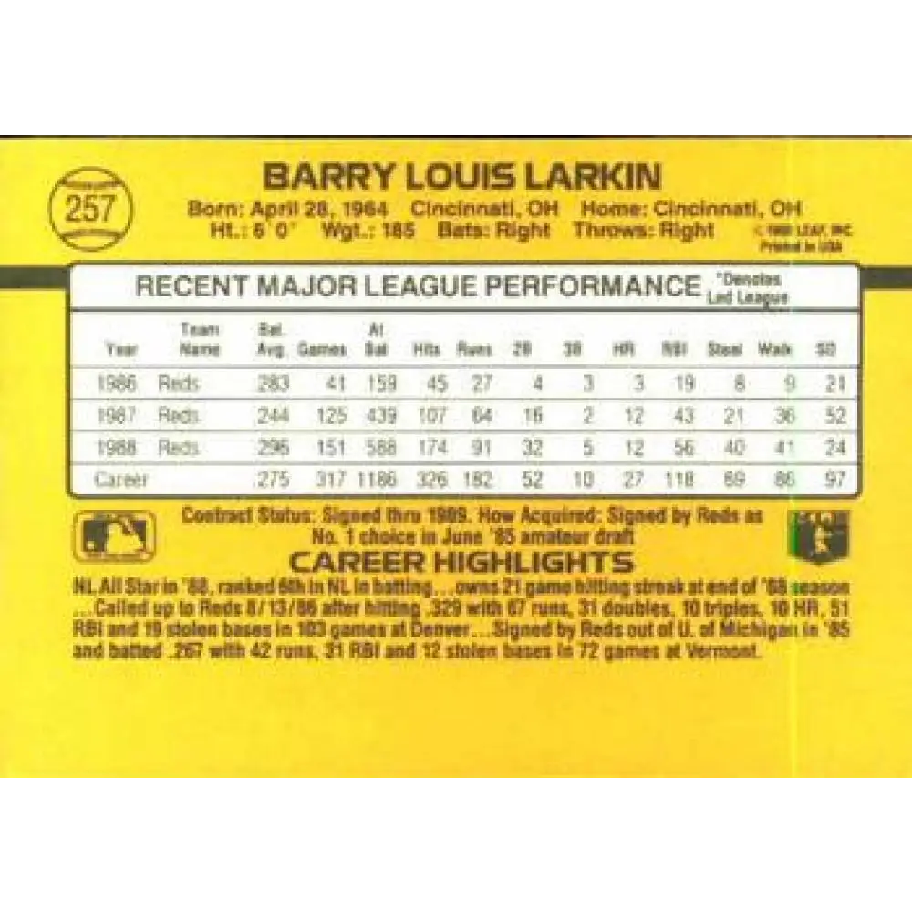 1989 Donruss #257 Barry Larkin EX Excellent Cincinnati Reds Baseball Card Image 2