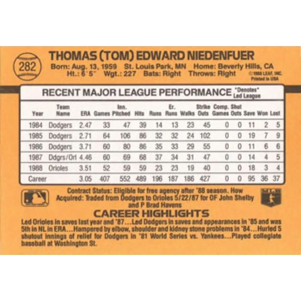 1989 Donruss #282 Tom Niedenfuer NM-MT Baltimore Orioles Baseball Card Image 2