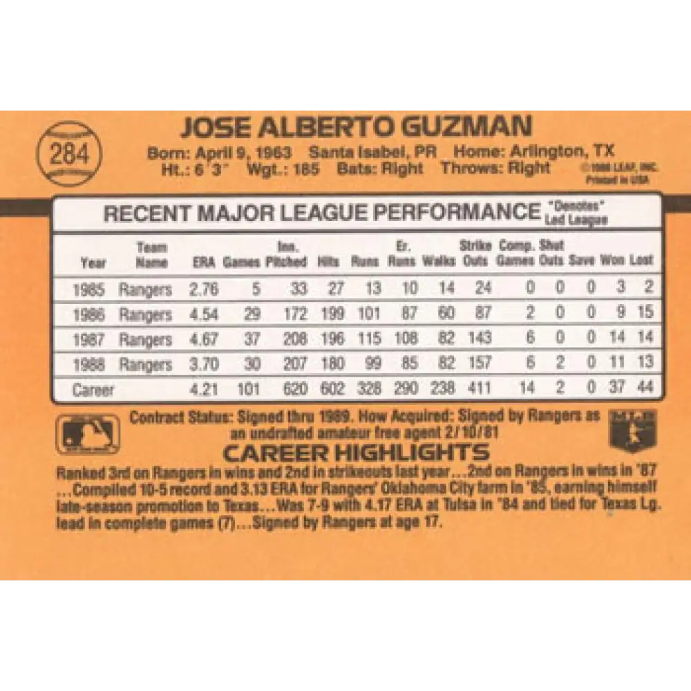 1989 Donruss #284 Jose Guzman NM-MT Texas Rangers Baseball Card Image 2
