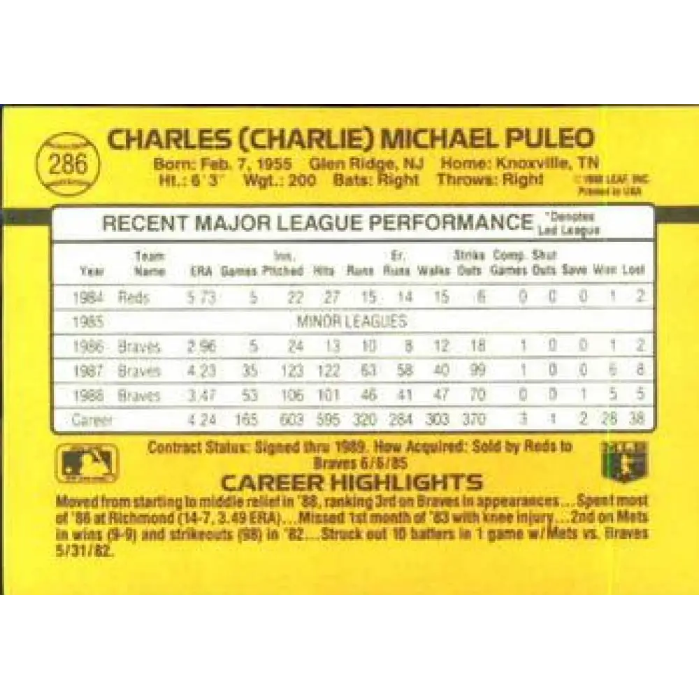 1989 Donruss #286 Charlie Puleo UER NM-MT Atlanta Braves Baseball Card Image 2