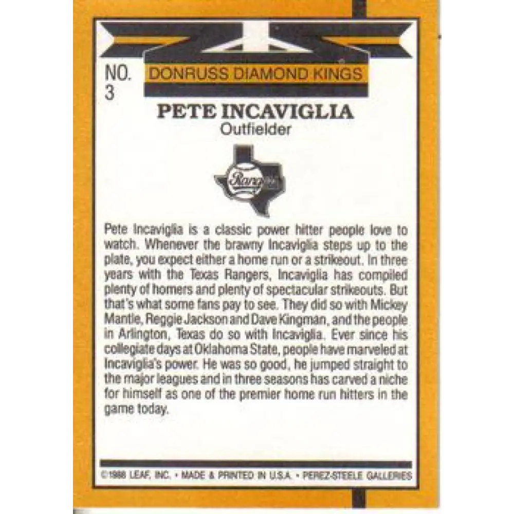 1989 Donruss #3 Pete Incaviglia DK NM-MT Texas Rangers Baseball Card Image 2
