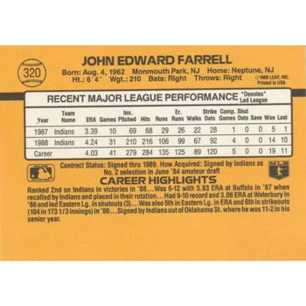 1989 Donruss #320 John Farrell NM-MT Cleveland Indians Baseball Card Image 2