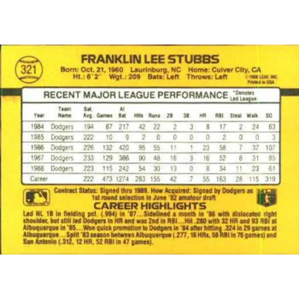 1989 Donruss #321 Franklin Stubbs NM-MT Los Angeles Dodgers Baseball Card Image 2