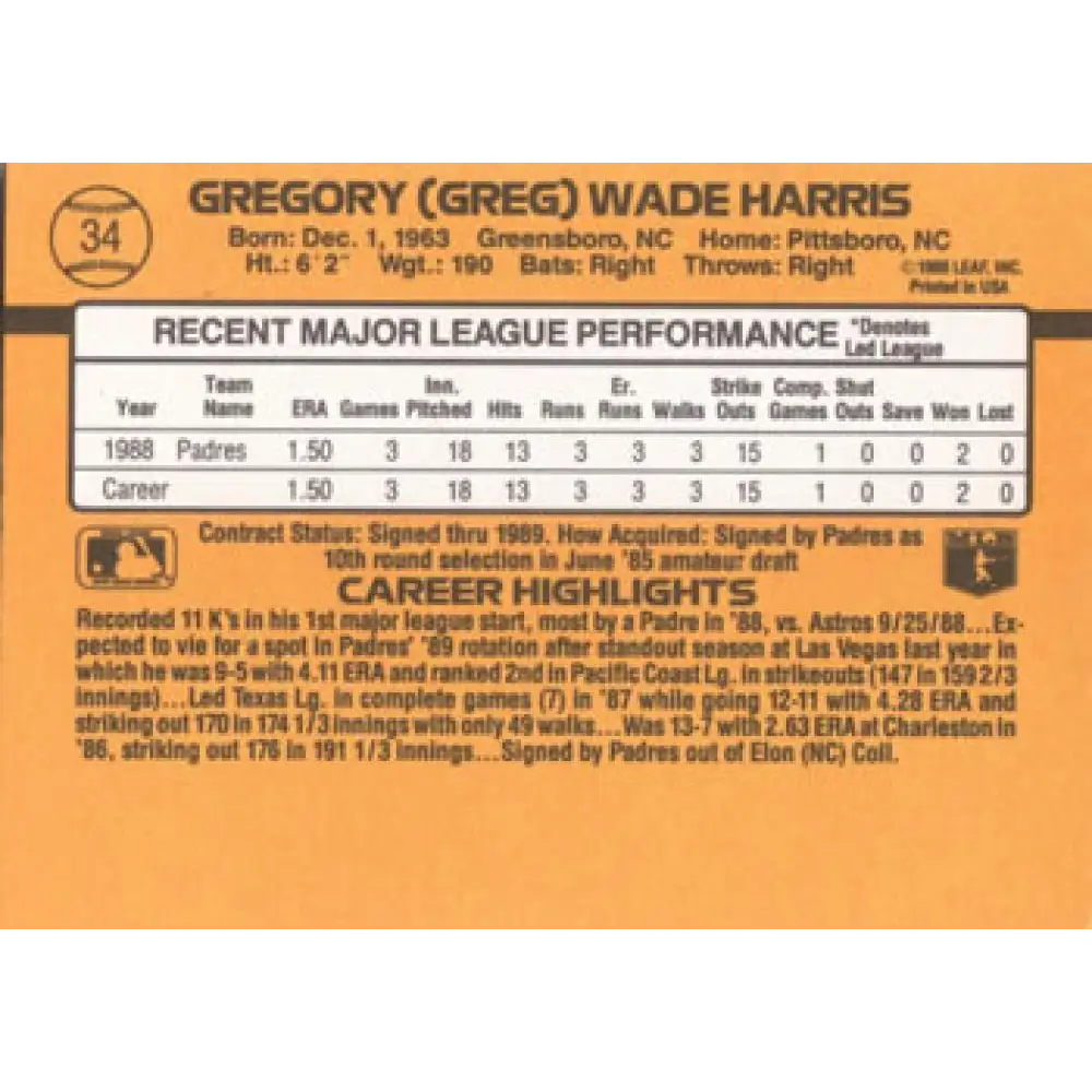 1989 Donruss #34 Greg Harris/ NM-MT RC Rookie San Diego Padres Baseball Card Image 2