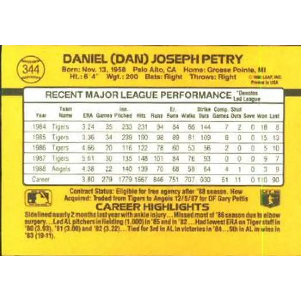 1989 Donruss #344 Dan Petry NM-MT California Angels Baseball Card Image 2