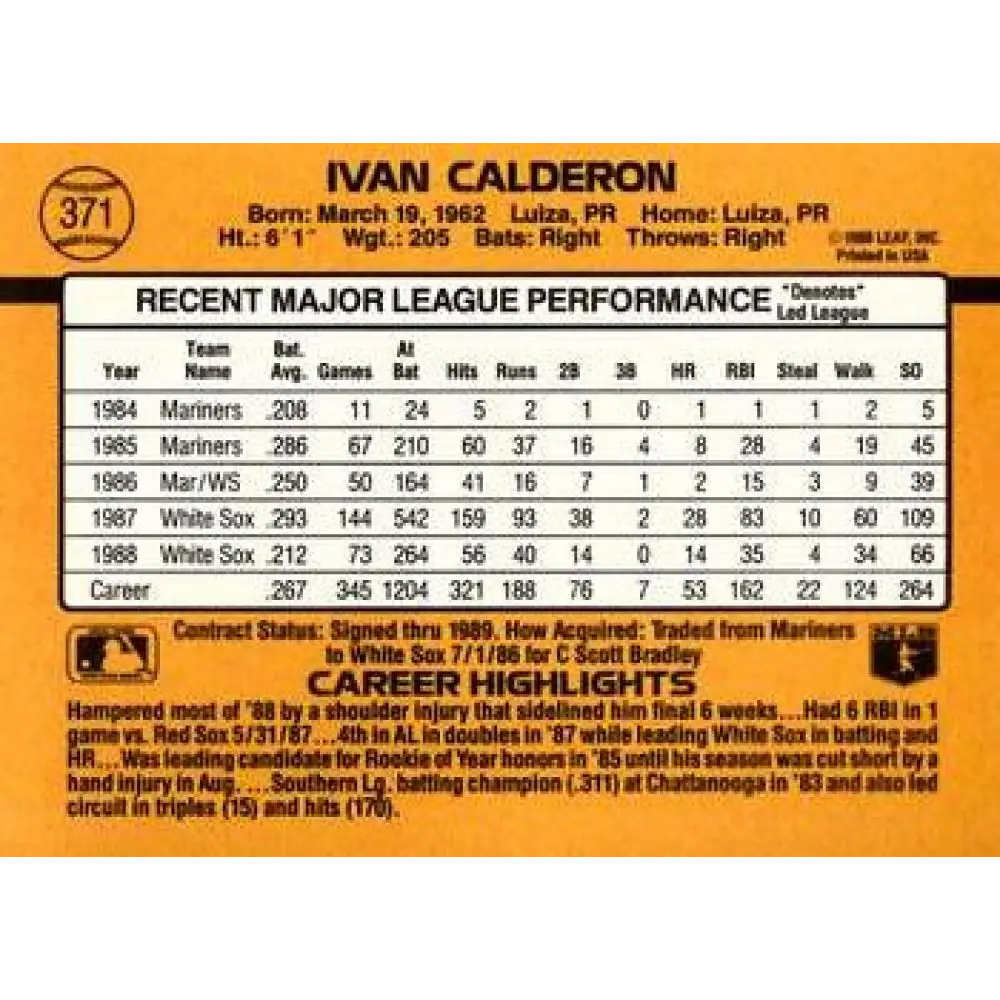 1989 Donruss #371 Ivan Calderon NM-MT Chicago White Sox Baseball Card Image 2