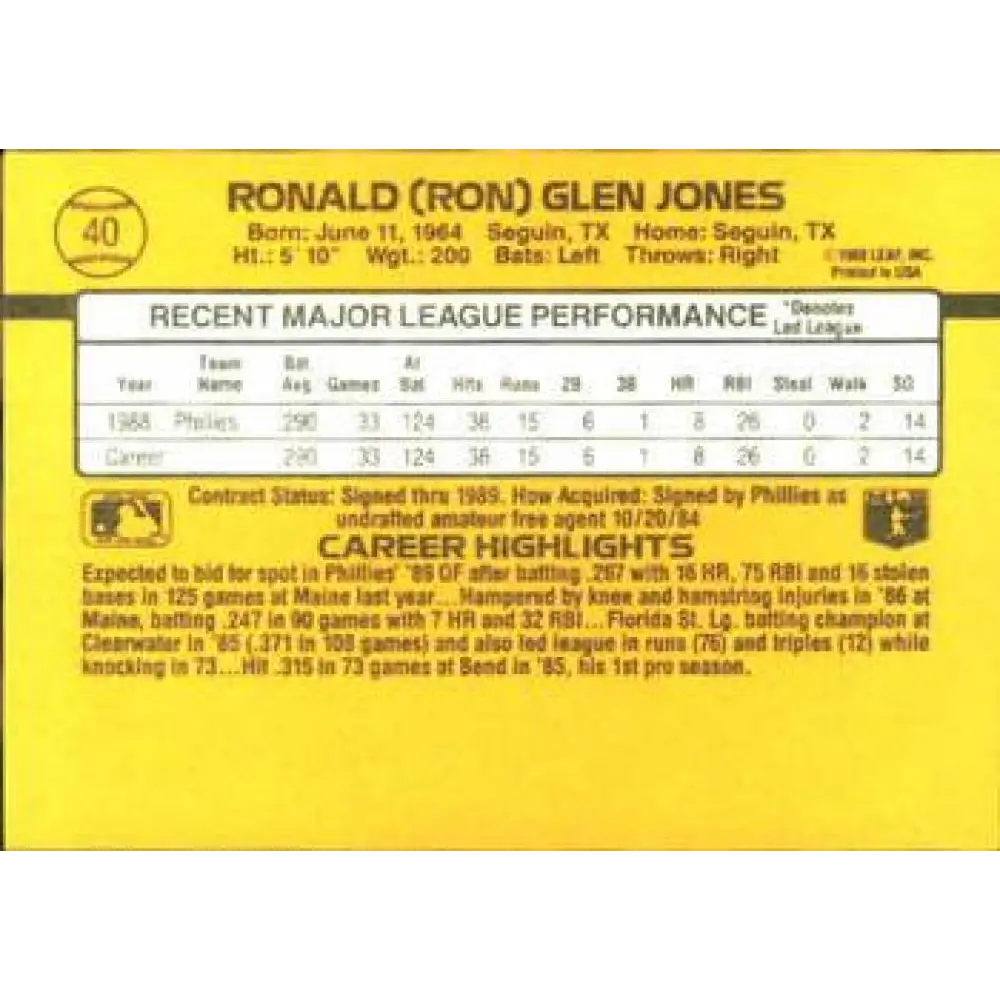 1989 Donruss #40 Ron Jones NM-MT RC Rookie Philadelphia Phillies Baseball Card Image 2