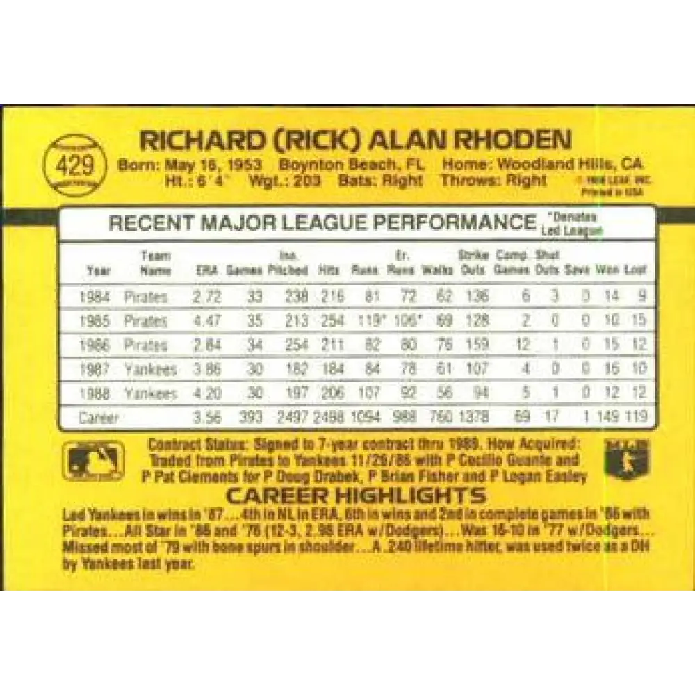 1989 Donruss #429 Rick Rhoden NM-MT New York Yankees Baseball Card Image 2
