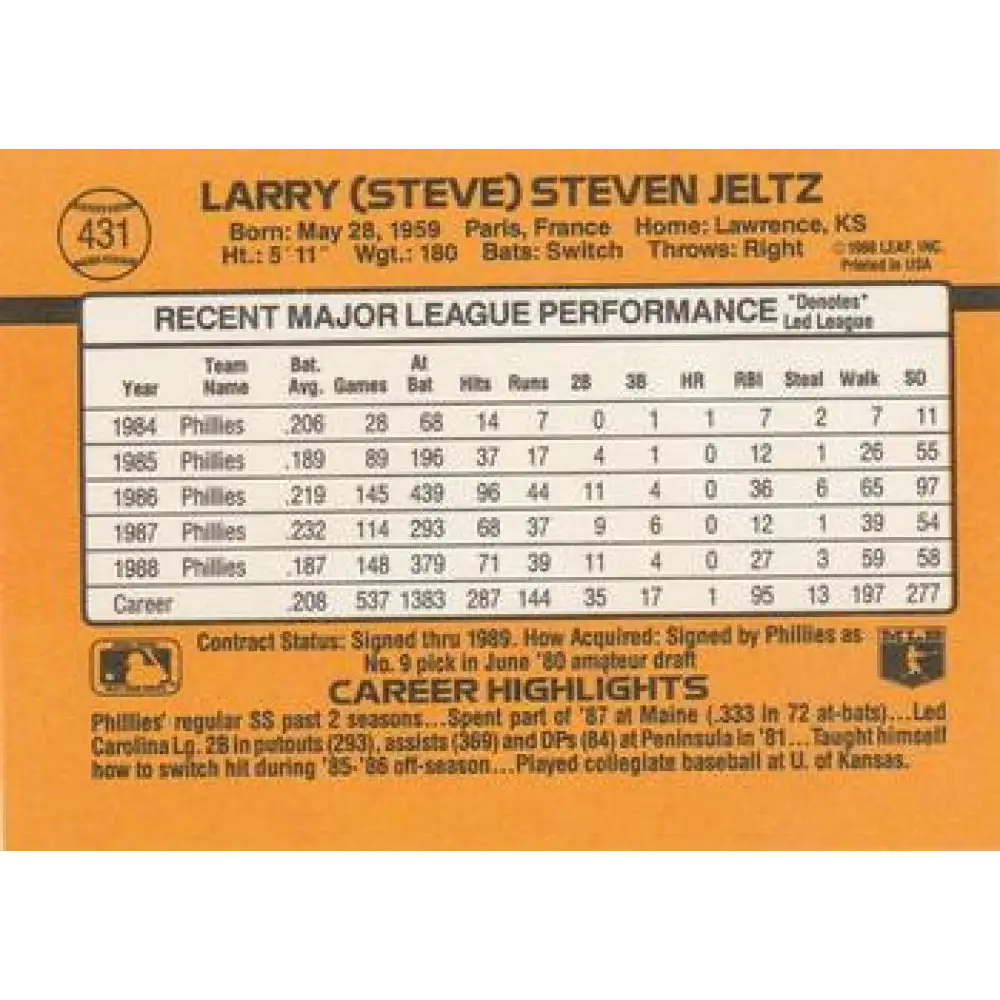 1989 Donruss #431 Steve Jeltz NM-MT Philadelphia Phillies Baseball Card Image 2